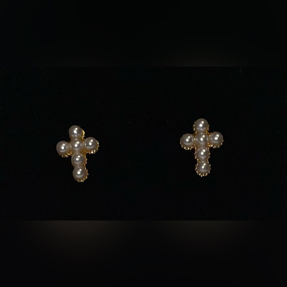 Gold Pearl Cross Stud Earrings